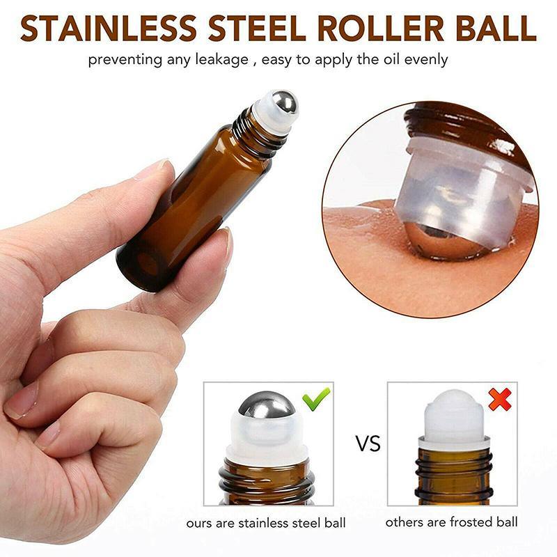 Essential Oil Roller Bottles 10PCS Amber 10ml Thick Glass with Steel Ball - Discount Packaging Warehouse