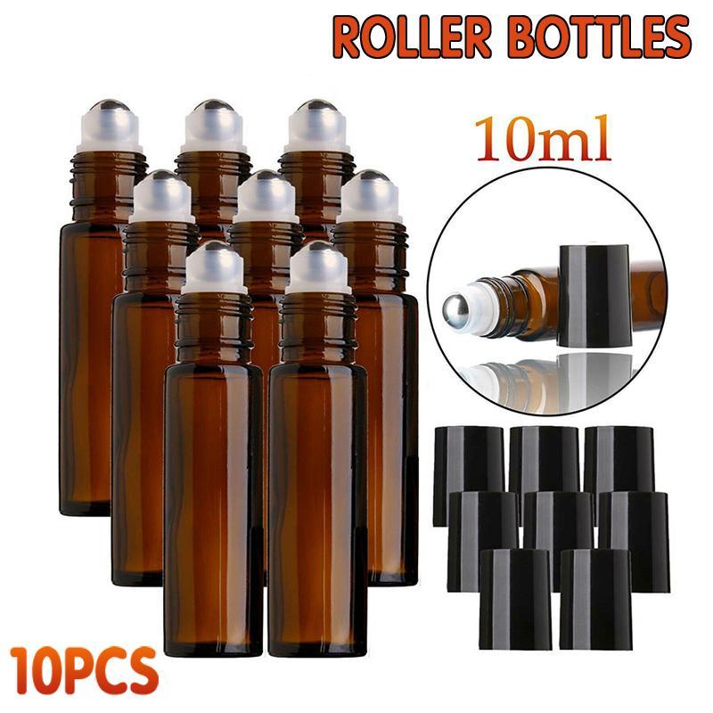 Essential Oil Roller Bottles 10PCS Amber 10ml Thick Glass with Steel Ball - Discount Packaging Warehouse