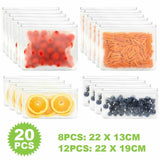 A variety of foods neatly stored in reusable freezer bags, showcasing their durability and versatility