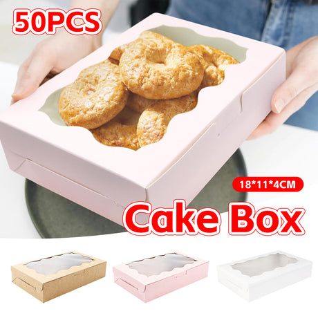 50PCS Kraft Cake Boxes with Clear Window Large Capacity Food-Grade Packaging