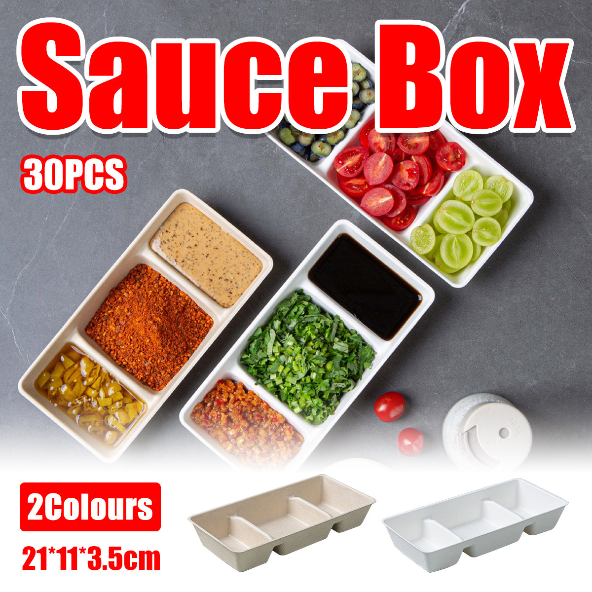 30PCS Disposable Pulp Three Compartment Dip Box for Sushi BBQ Condiment