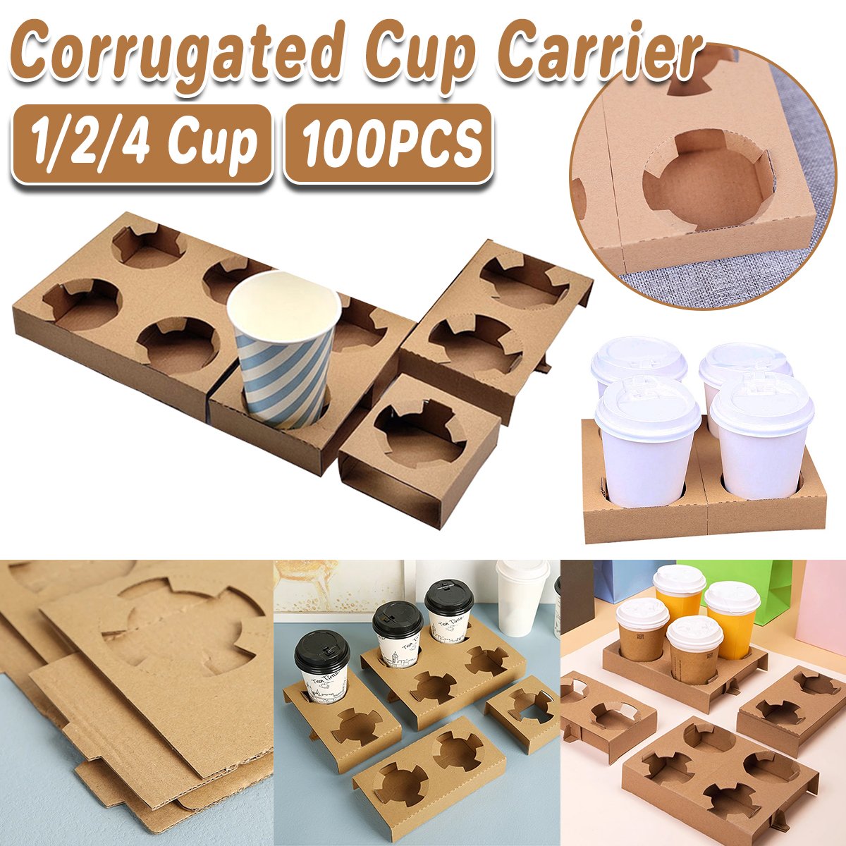 100pcs Corrugated Coffee Cup Holder with Thick Kraft Paper Base for Drinks