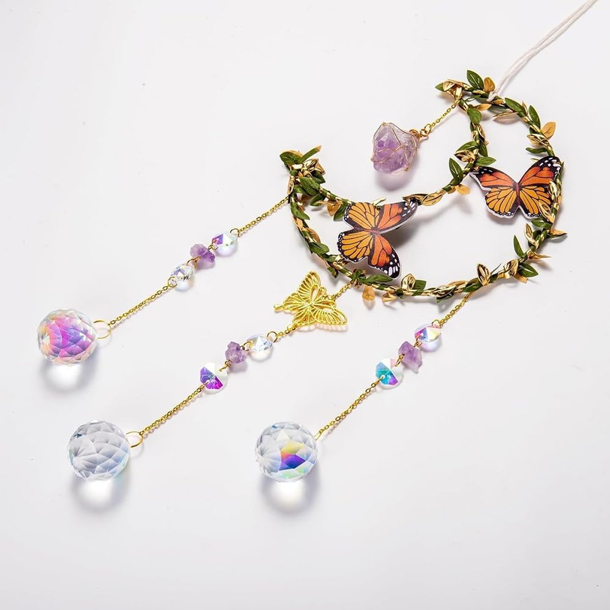 Sun Catcher Butterfly Flower Crystal Moon Wind Chimes Natural Garden Pendant