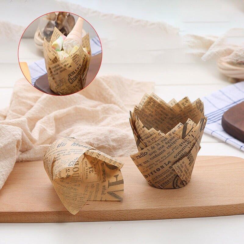 300PCS Newspaper Style Muffin Wrappers Cups Cake Box Liners Cafe Theme Party