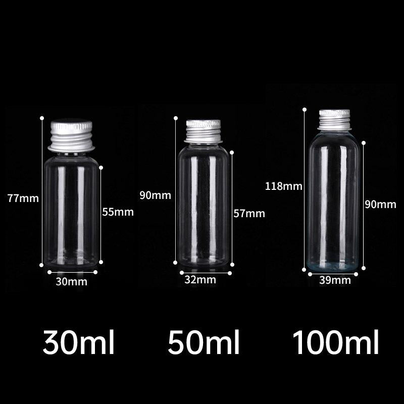 PET Clear Plastic Bottles with Aluminum Caps for Liquids 50 or 100 pcs