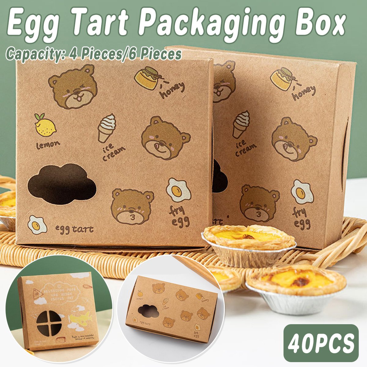 40PCS Egg Tart Paper Boxes Bakery Pastry Cupcakes Packaging