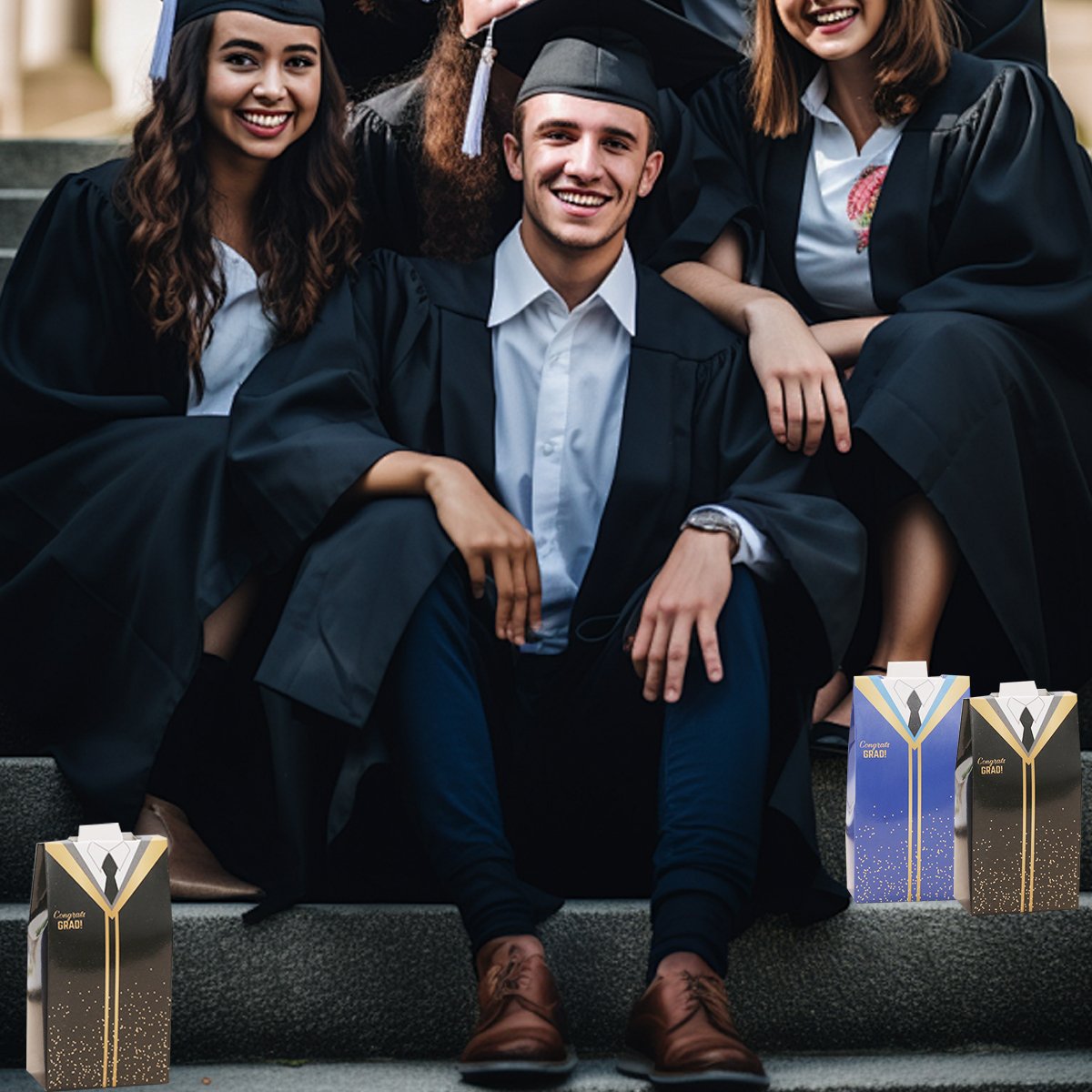 A group of graduates laughing and holding candy boxes in matching graduation robe designs.
