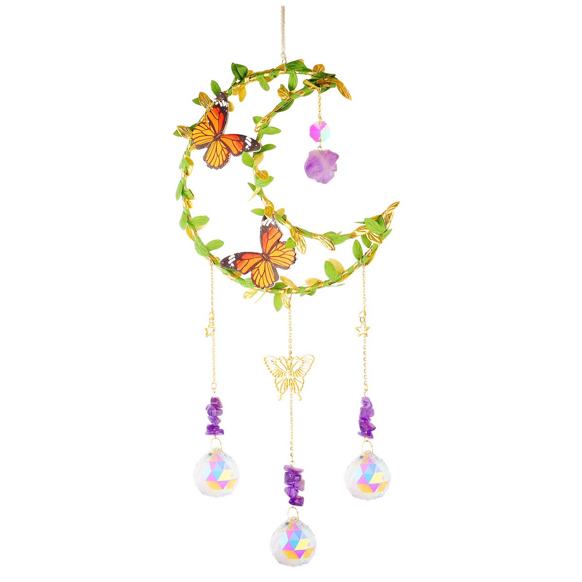 Sun Catcher Butterfly Flower Crystal Moon Wind Chimes Natural Garden Pendant