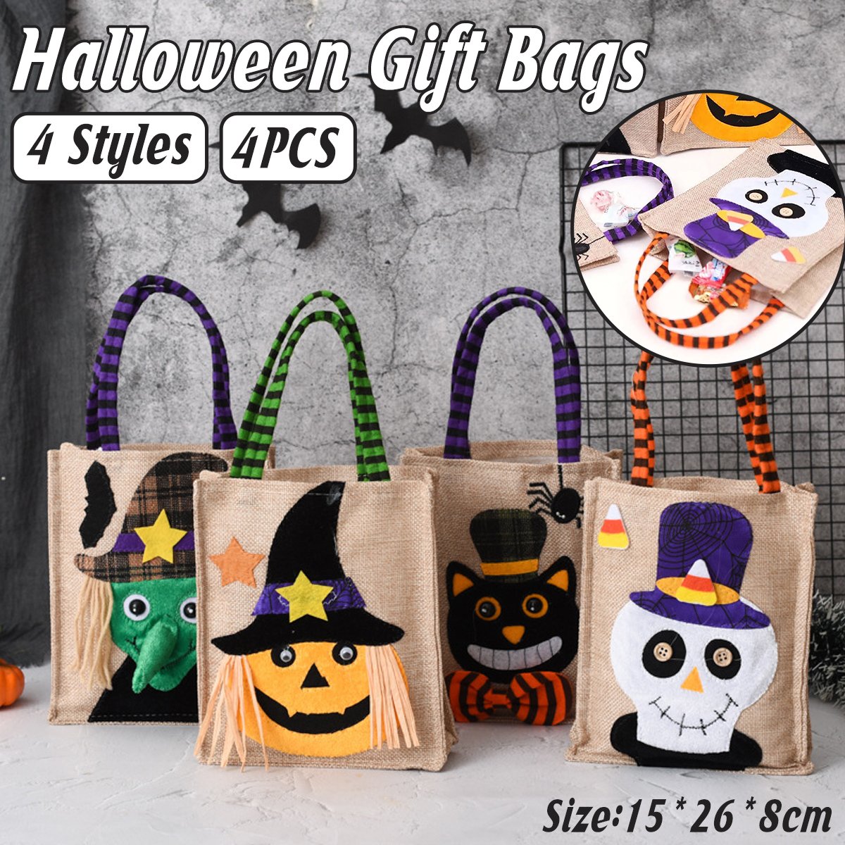 4pcs Halloween Gift Tote Bags Reusable Decorative Trick or Treat Candy Bags