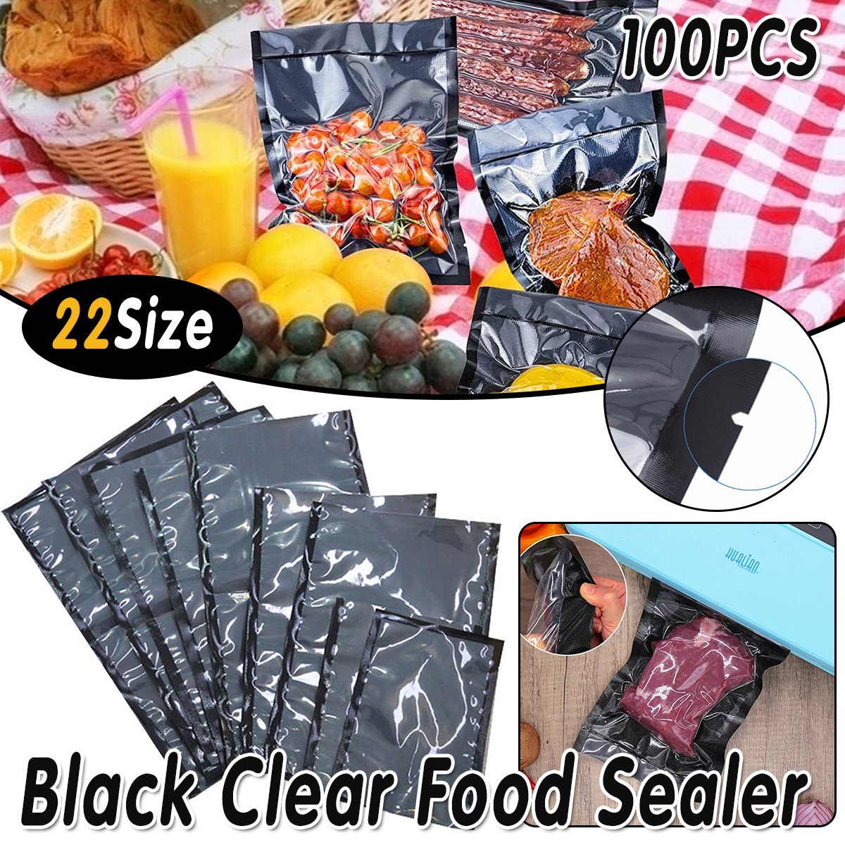 100pcs Black Transparent Vacuum Bags Air Compression Sealed Fresh Food Packaging