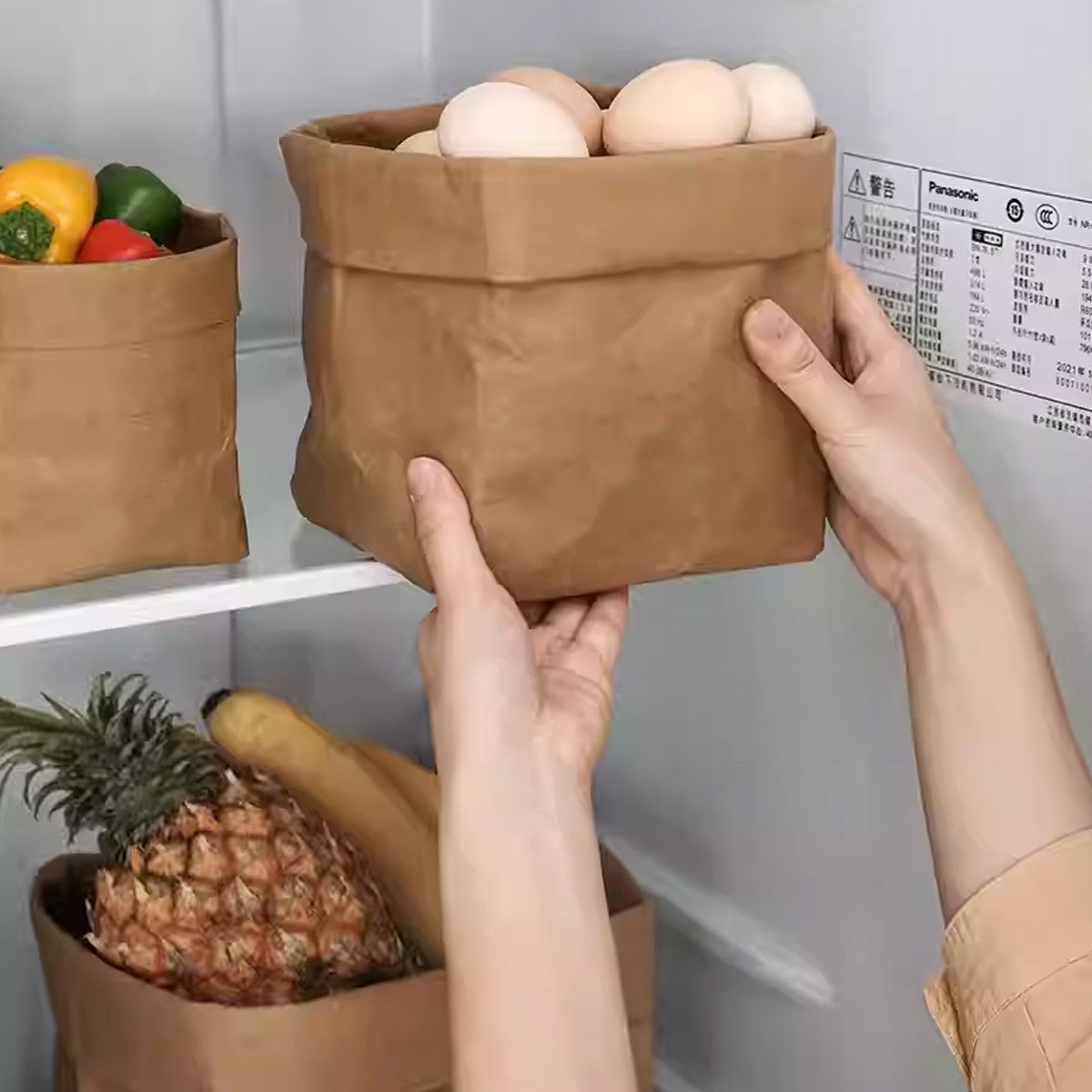 3pcs Washable Kraft Paper Storage Bag for Kitchen Desktop Refrigerator Organizer