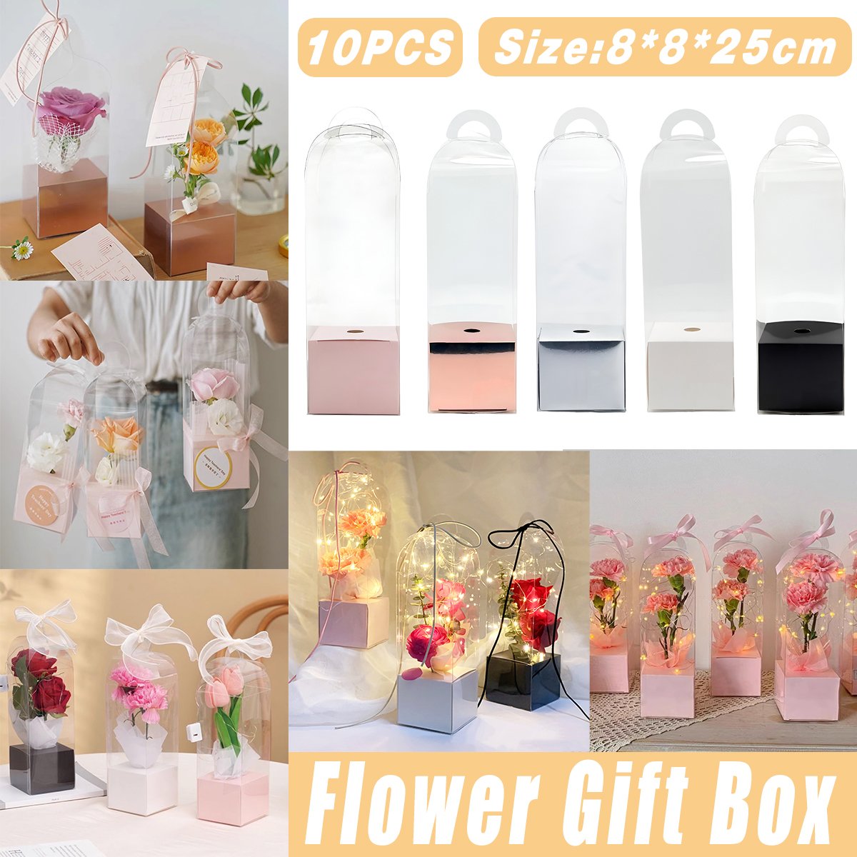 Clear PVC Flower Boxes Durable Portable Floral Gift Packaging 10PCS