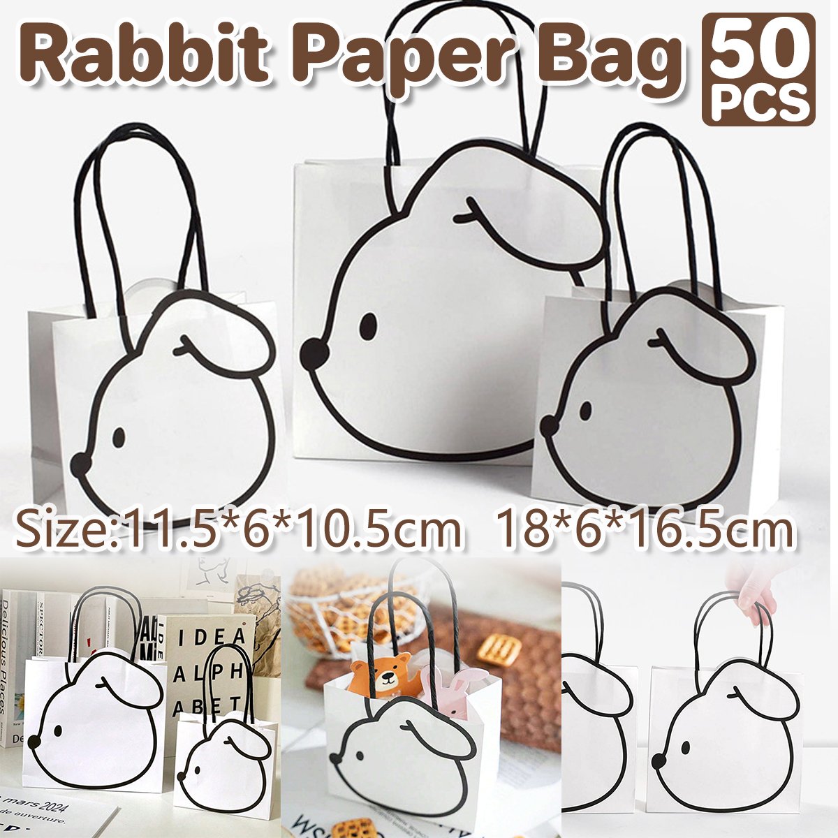 Durable Paper Rabbit Gift Bags with Handles for All Occasions 50pcs