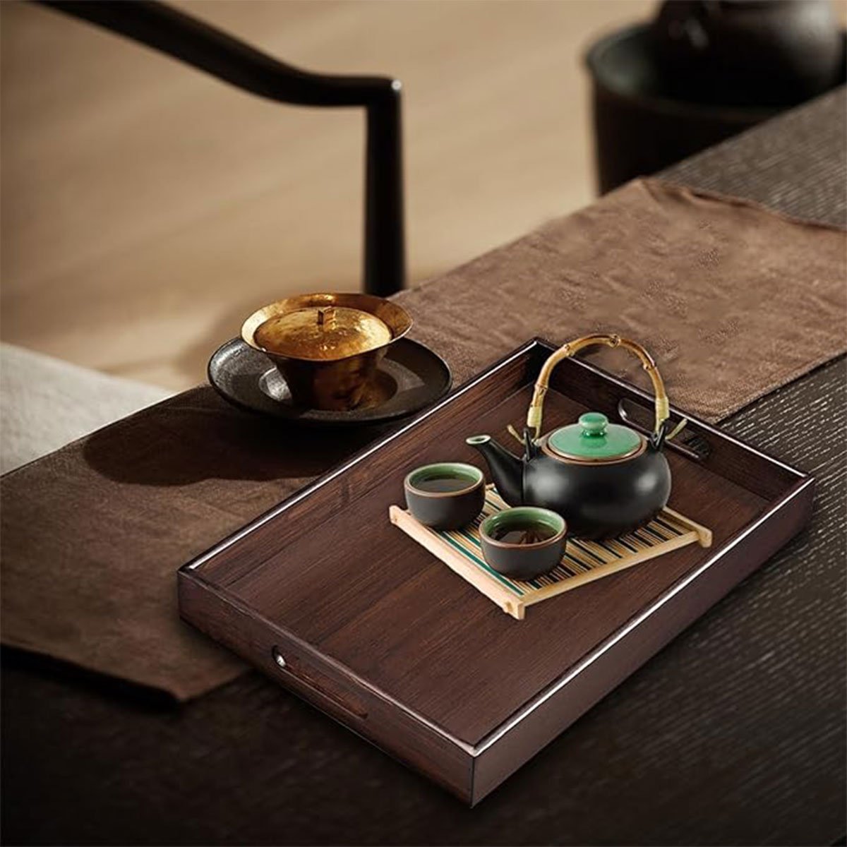 Japanese Style Bamboo Tea Tray Walnut Color Simple Household