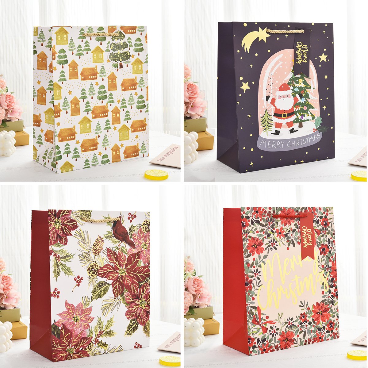 12pcs Christmas Paper Gift Bags Set Cute Cartoon Xmas Tote Present Bags