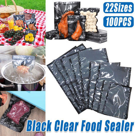 100pcs Black Transparent Vacuum Bags Air Compression Sealed Fresh Food Packaging