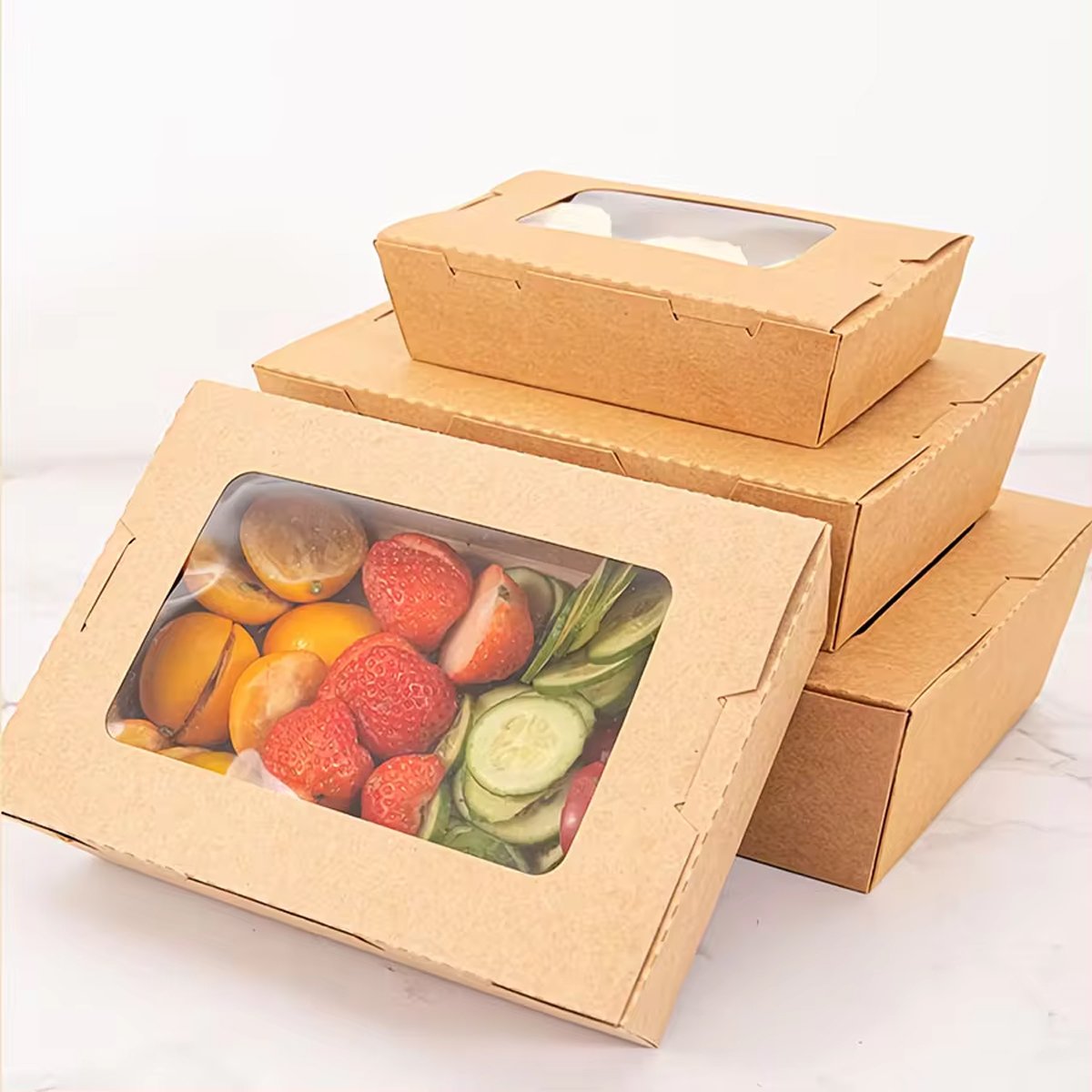 50pcs Kraft Paper Take Out Box Salad Fried Chicken Lunch Box with Open Window