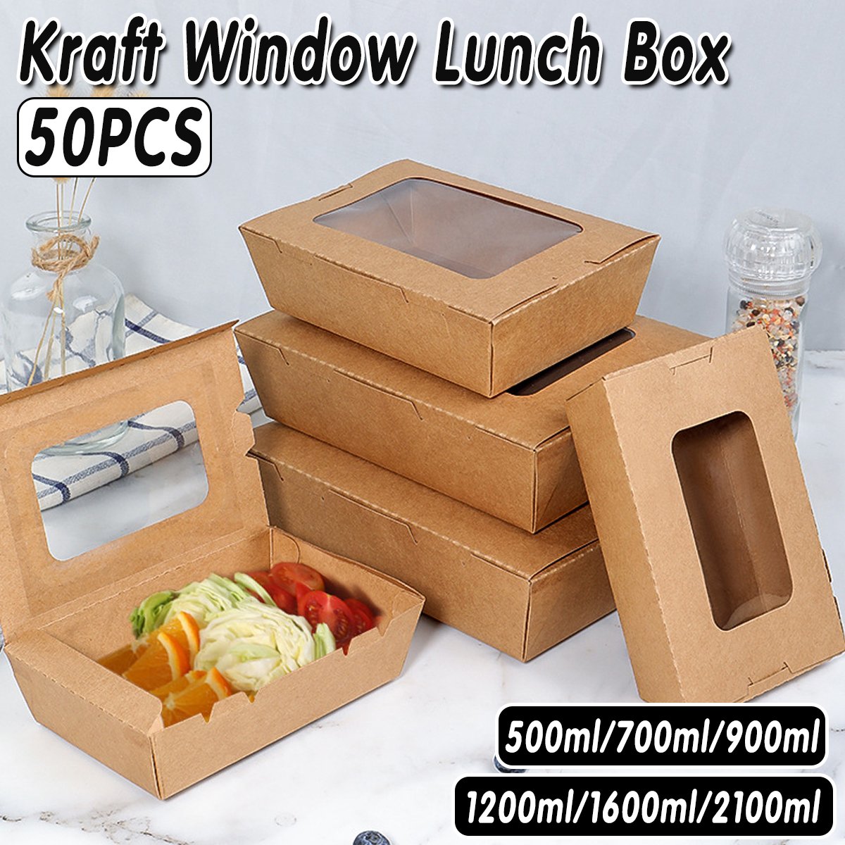 50pcs Kraft Paper Take Out Box Salad Fried Chicken Lunch Box with Open Window