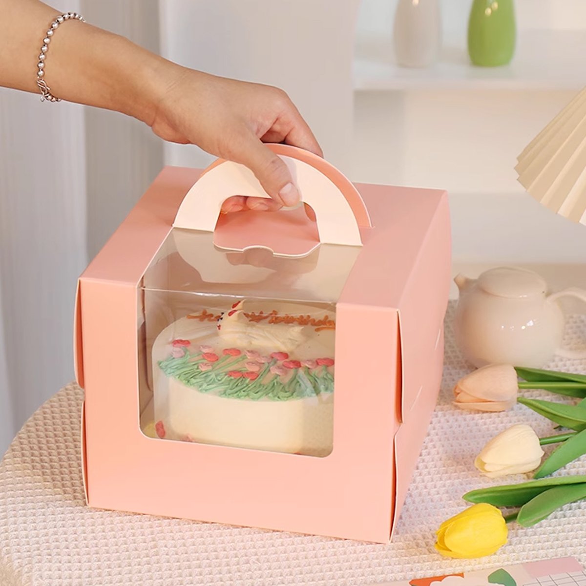 Pink Cake Boxes Food-Grade Cardboard with Window 25PCS