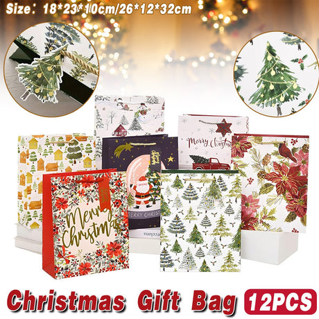 12pcs Christmas Paper Gift Bags Set Cute Cartoon Xmas Tote Present Bags