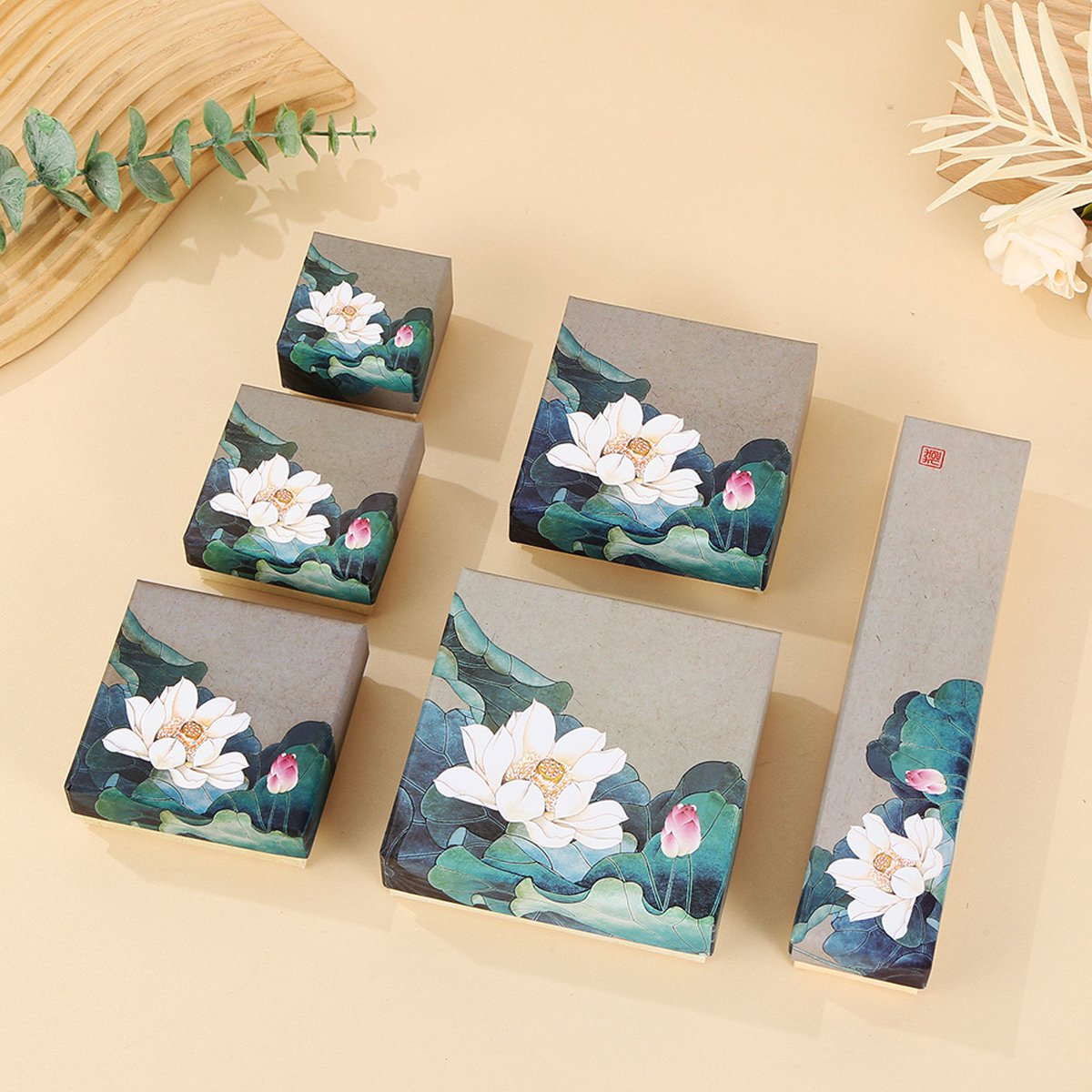 High-Quality Paper Vintage Lotus Jewelry Boxes with Velvet Lining 50pcs