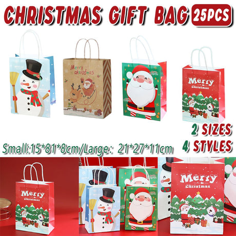 25PCS Christmas Tote Bags Kraft Paper Gift Bags Party Favor Holiday Shopping Bag