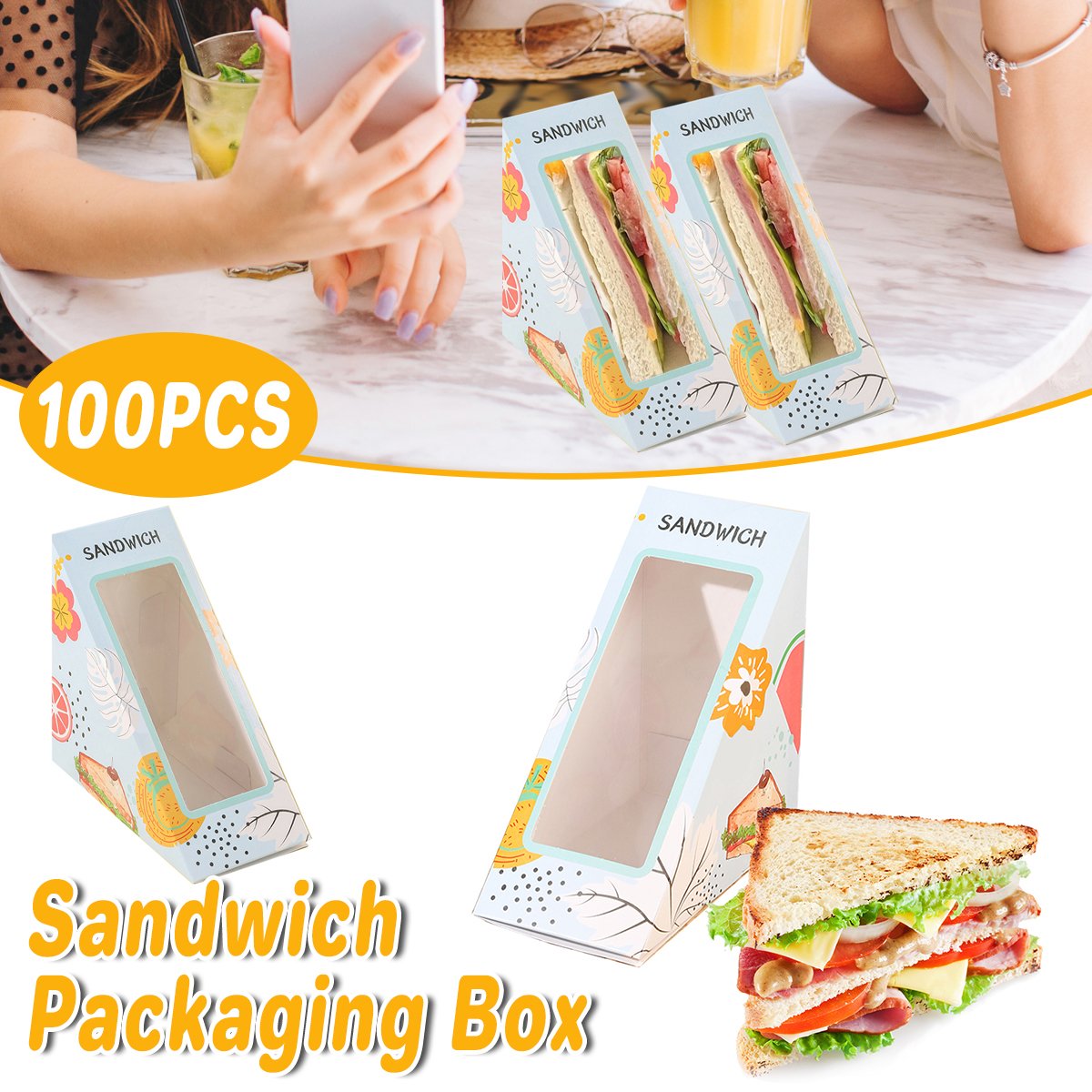 100pcs Triangle Window Sandwich Boxes Kraft Food Packing