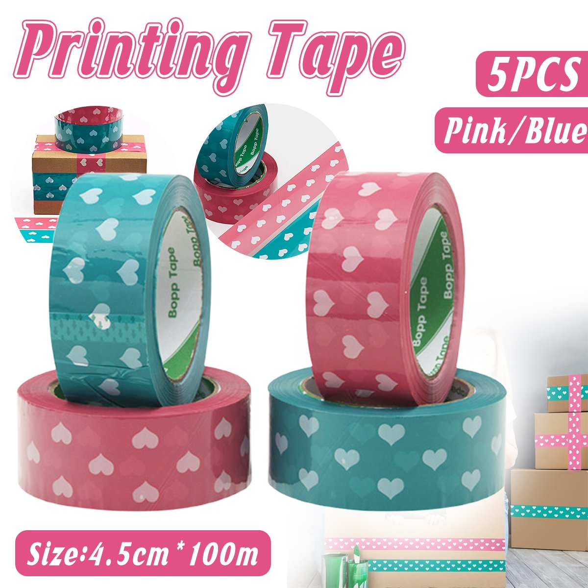 Packing Tape with Heart Print BOPP Strong Adhesive 5 Rolls