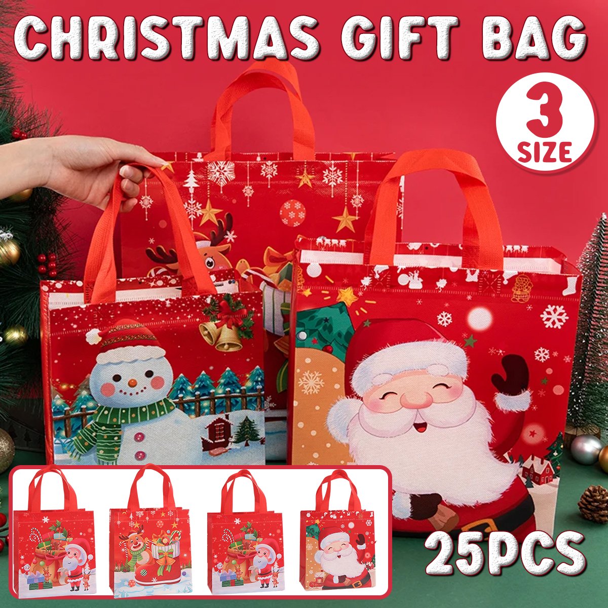 25pcs Christmas Non Woven Shopping Tote Bags Printed Colour Party Gift Bags