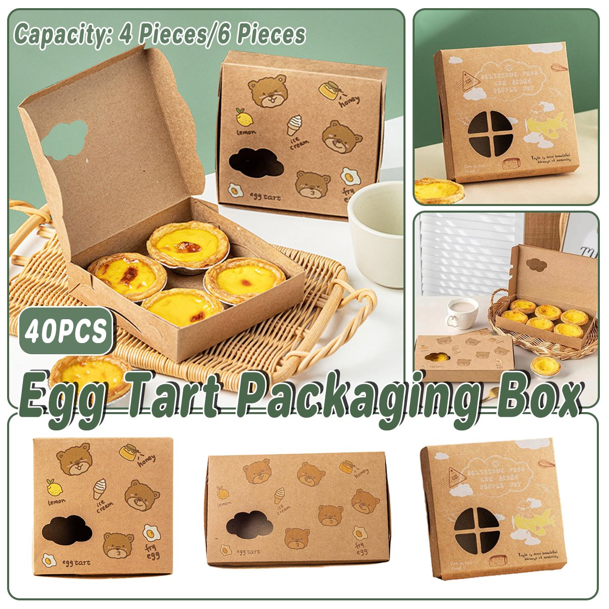 40PCS Egg Tart Paper Boxes Bakery Pastry Cupcakes Packaging