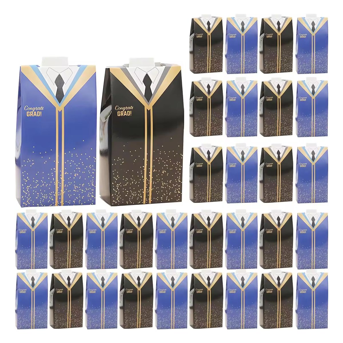 Multiple graduation candy boxes with a mix of black and blue gowns, each featuring a tie.
