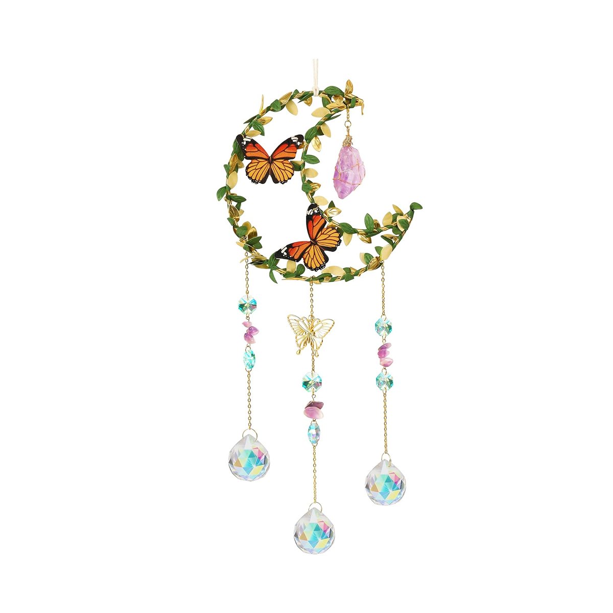 Sun Catcher Butterfly Flower Crystal Moon Wind Chimes Natural Garden Pendant