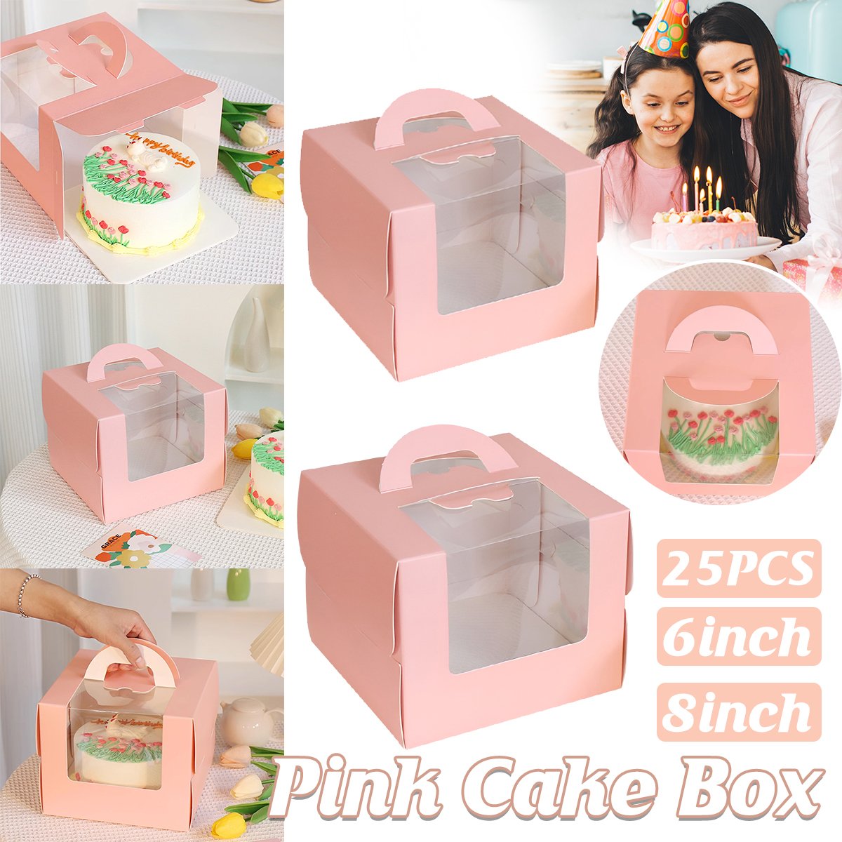 Pink Cake Boxes Food-Grade Cardboard with Window 25PCS