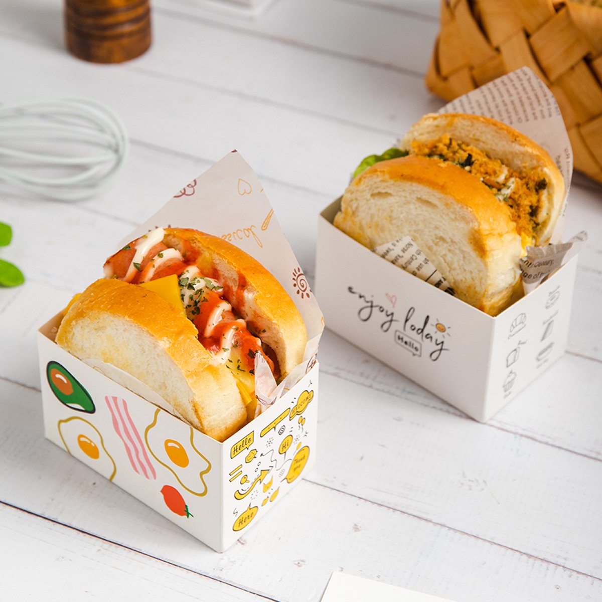 Food-Grade Paper Sandwich Boxes with Multicoloured Designs for Cafes and Bakeries 100 pcs