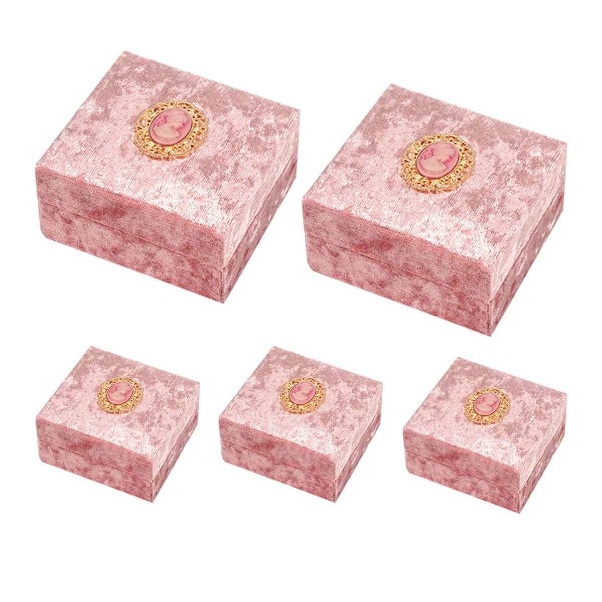 Add a touch of vintage elegance to your jewelry presentation with this 5-Piece Set of Pink Velvet Jewelry Boxes. 