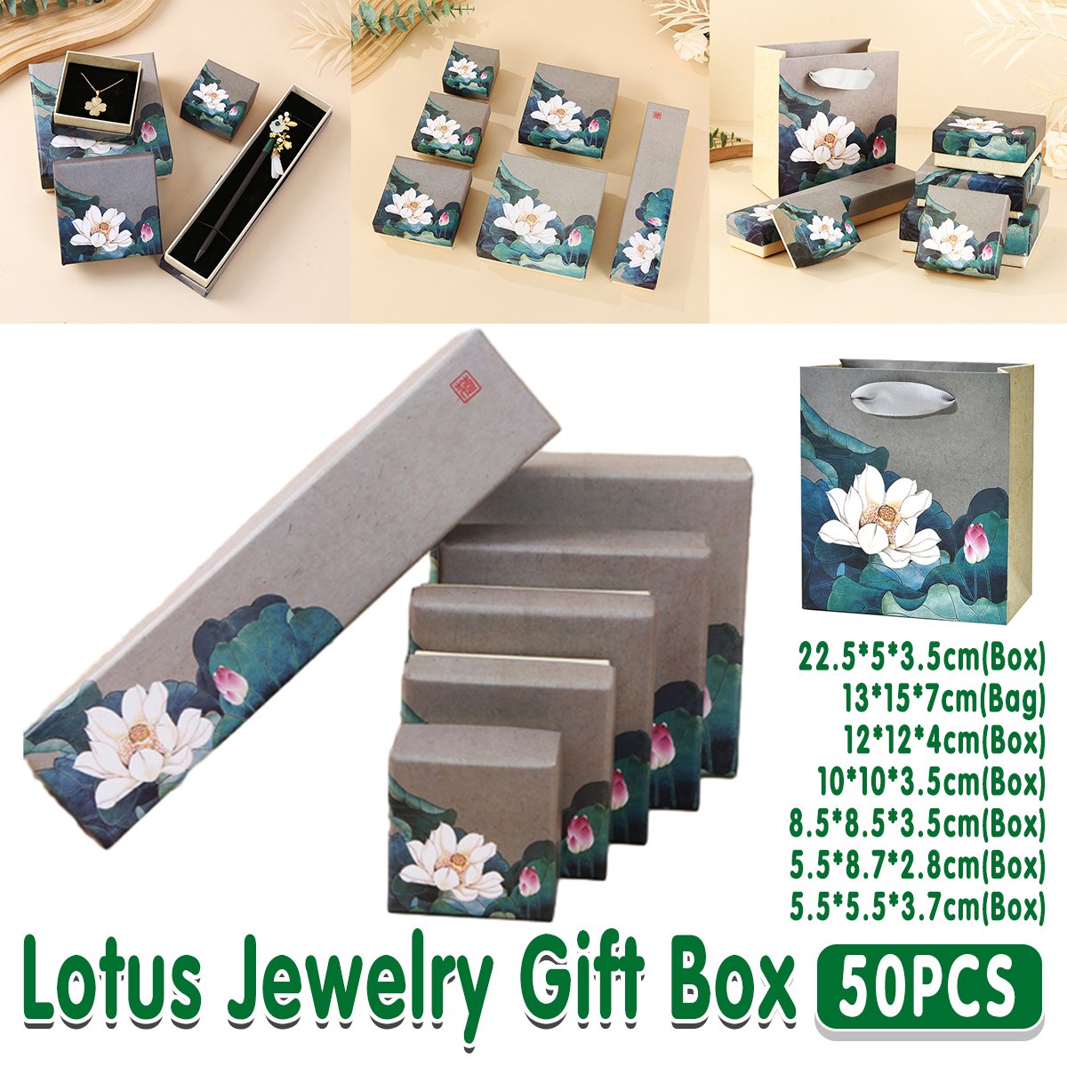 High-Quality Paper Vintage Lotus Jewelry Boxes with Velvet Lining 50pcs