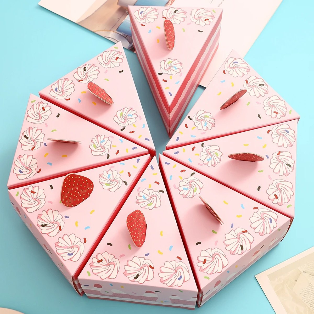 Add a touch of sweetness to your next celebration with these adorable triangular cake-shaped candy boxes.