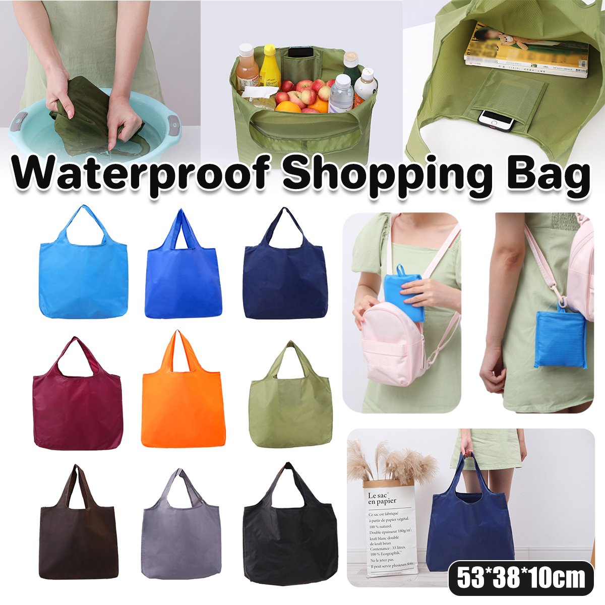 Durable Waterproof Foldable Fabric Reusable Grocery Bags 1pc