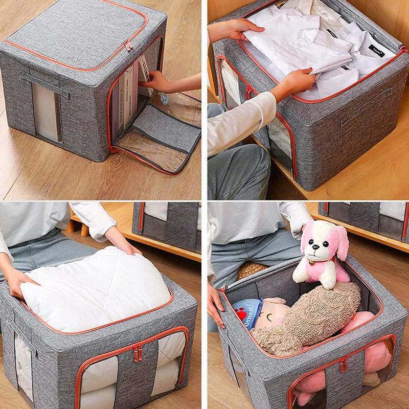 Linen Large Capacity Foldable Storage Box Organizer with Clear Windows 100L