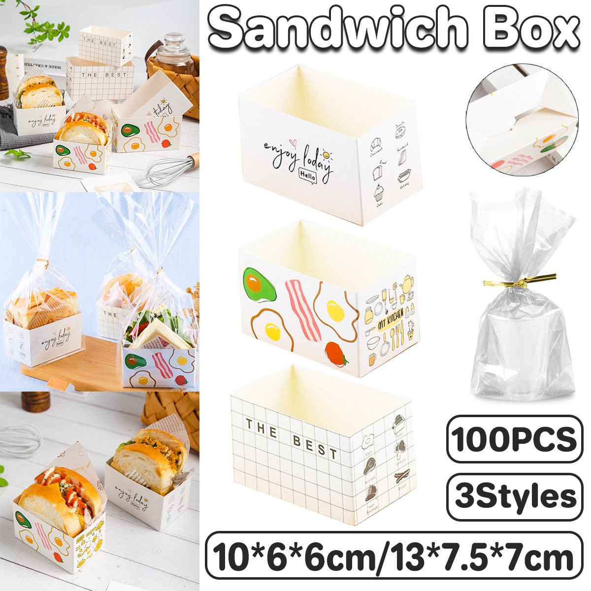 Food-Grade Paper Sandwich Boxes with Multicoloured Designs for Cafes and Bakeries 100 pcs