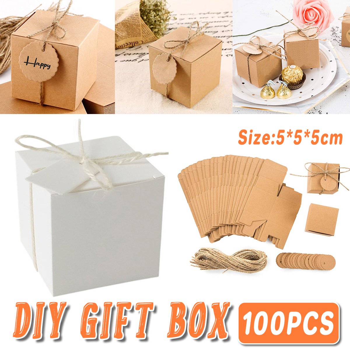 Rustic Kraft Paper Wedding Favour Gift Boxes with Jute String 100pcs