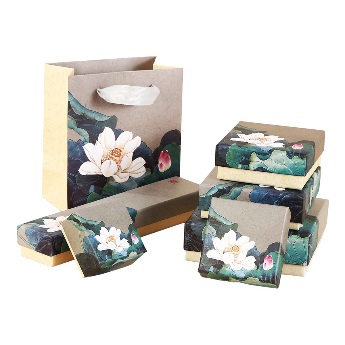 High-Quality Paper Vintage Lotus Jewelry Boxes with Velvet Lining 50pcs