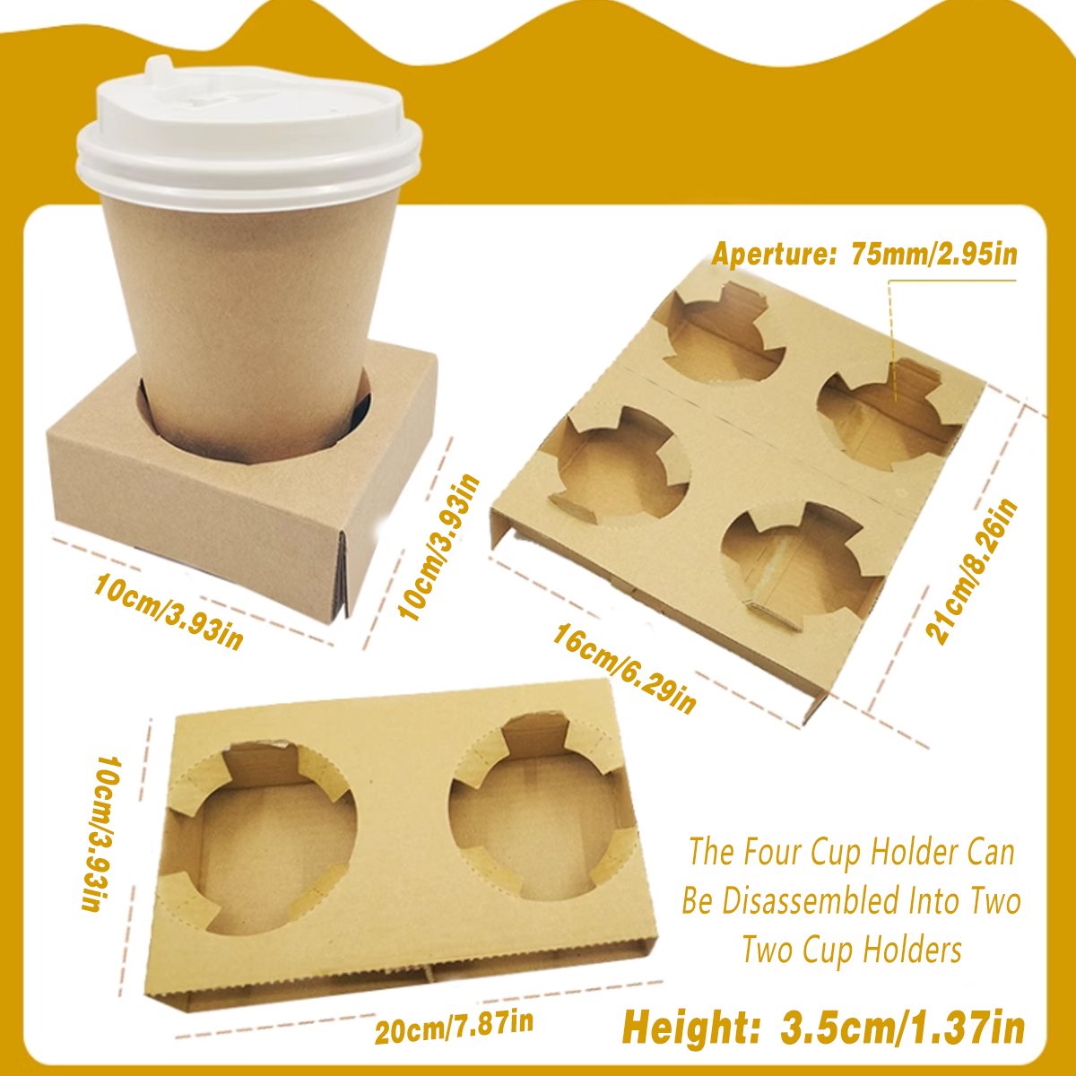 100pcs Corrugated Coffee Cup Holder with Thick Kraft Paper Base for Drinks