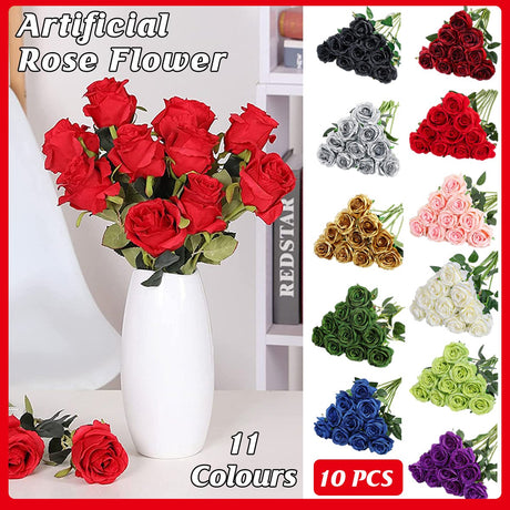 10pcs Artificial Silk Simulation Rose Flowers - Wedding Party Home Decorations