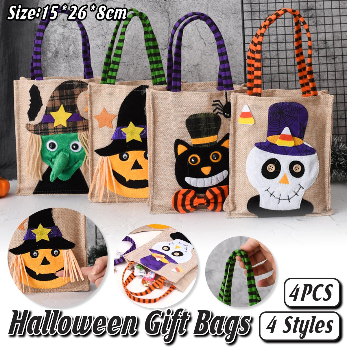 4pcs Halloween Gift Tote Bags Reusable Decorative Trick or Treat Candy Bags