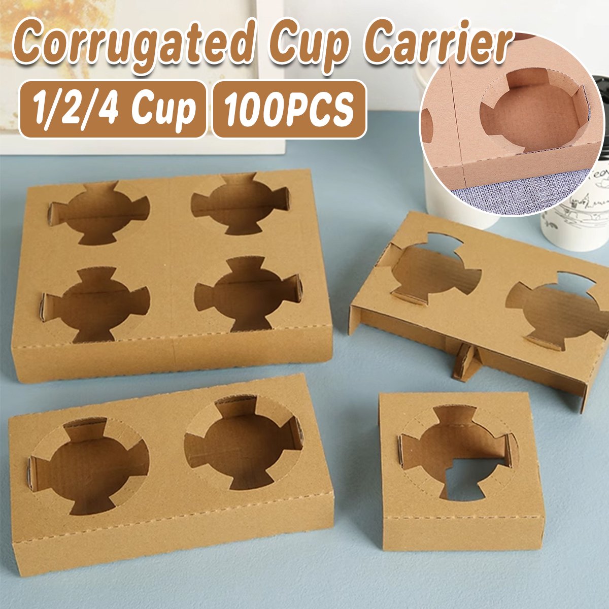 100pcs Corrugated Coffee Cup Holder with Thick Kraft Paper Base for Drinks