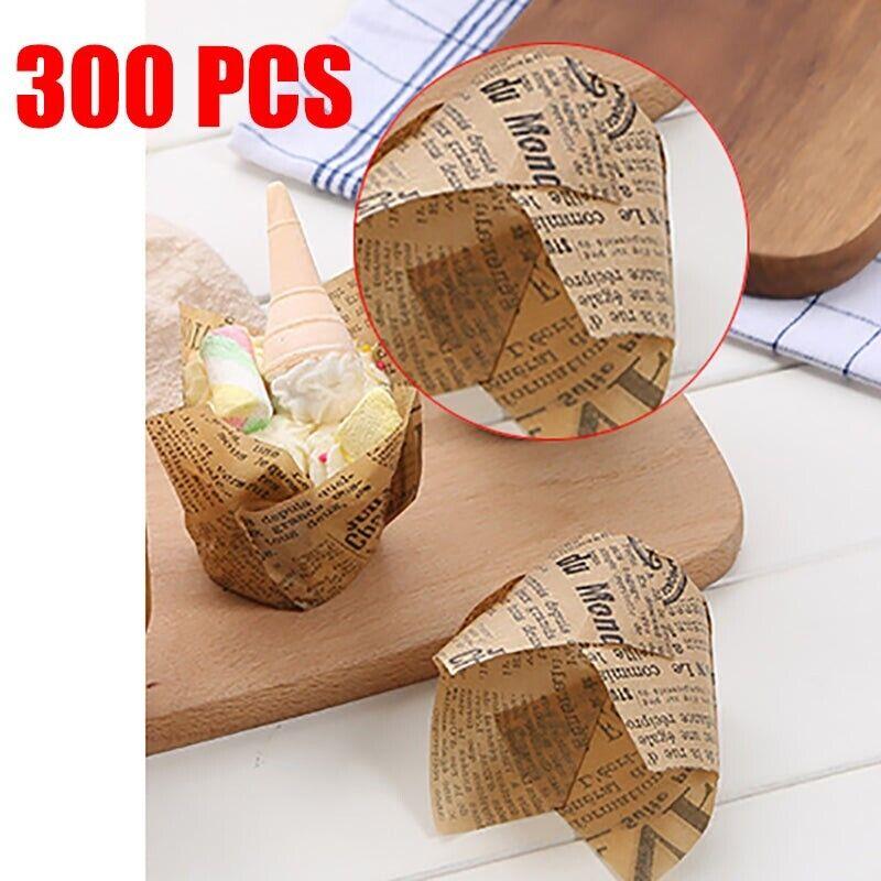 300PCS Newspaper Style Muffin Wrappers Cups Cake Box Liners Cafe Theme Party