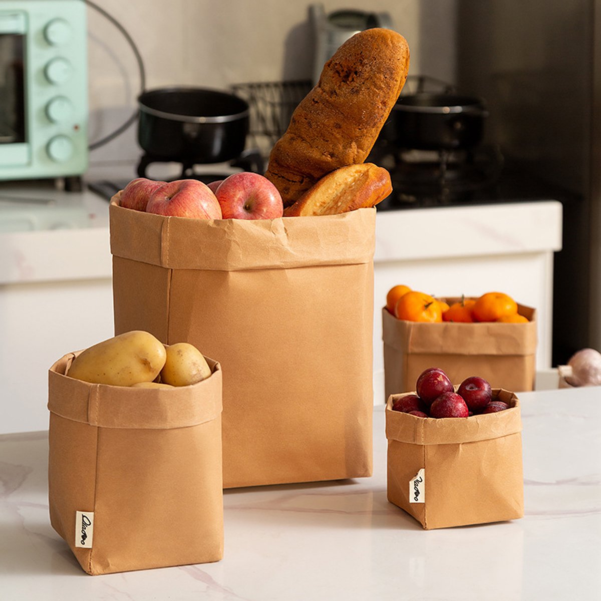 3pcs Washable Kraft Paper Storage Bag for Kitchen Desktop Refrigerator Organizer