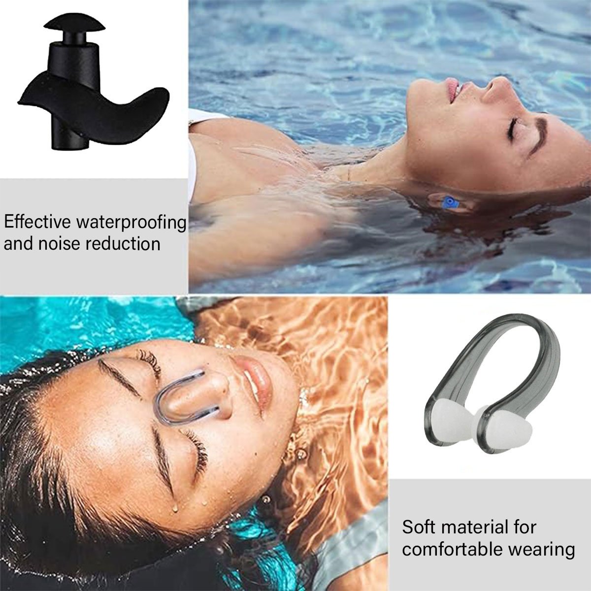 Waterproof Silicone Swimming Earplug Set  Soundproof Earplugs with Nose Clip Black 1 Pair of