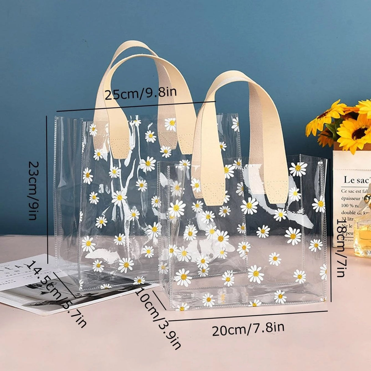 Clear PVC Tote Bags with Daisy Print for Weddings Birthdays 10pcs